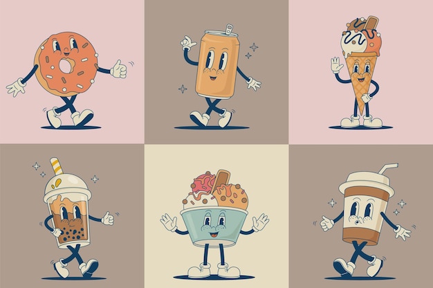 Vector retro cartoon dessert and beverage characters vector illustration donut coffee ice cream mascot