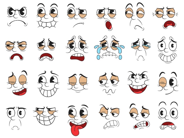 Vector retro cartoon emotions facial expressions funny handdrawn cartoon faces with pie eyes for 1930 rubber hose animation style character design isolated vector illustration set