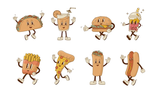 retro cartoon fast food and drink characters vector illustration pizza hot dog burger taco mascot