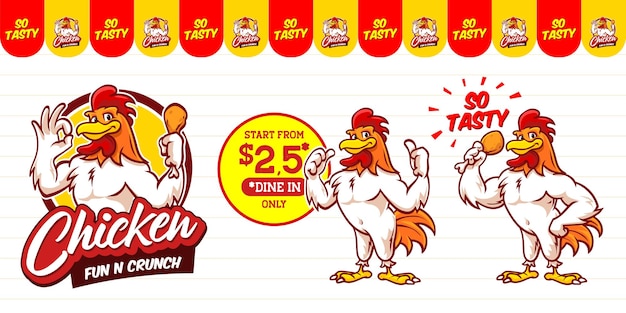 Retro cartoon fast food logo with rooster or chicken 