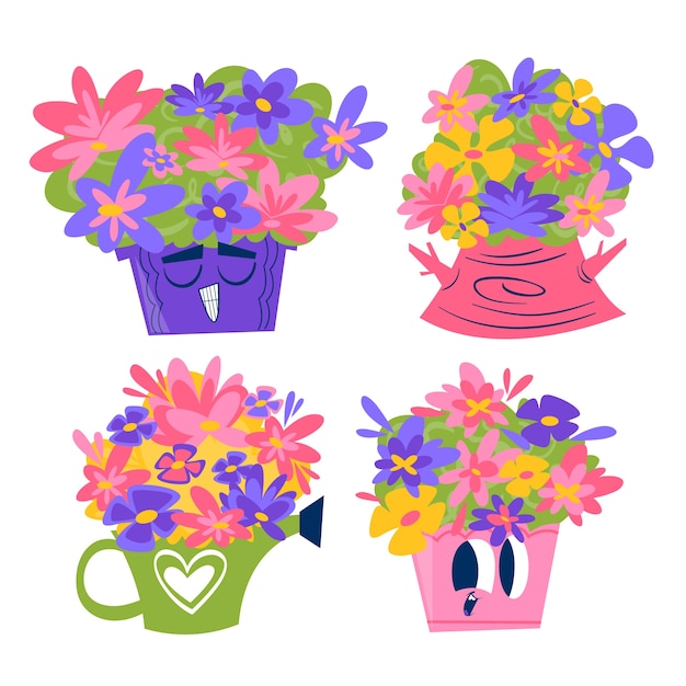 Retro cartoon flowers stickers