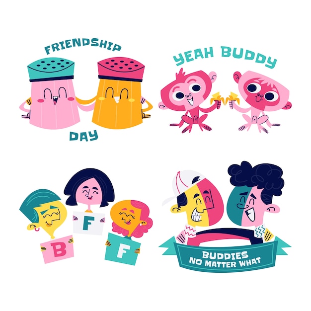 Retro cartoon friendship day stickers collection