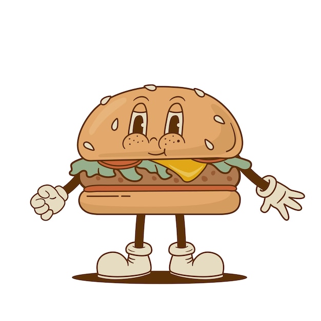 Retro cartoon funny burger character Vintage street food hamburger mascot Nostalgia 60s 70s 80s