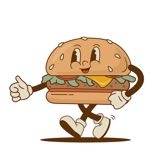 Retro cartoon funny burger characters mascot Vintage fast food hamburger vector illustration