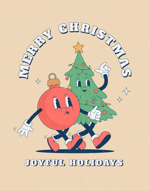 Retro cartoon funny Christmas character poster Vintage Christmas tree and ball mascot