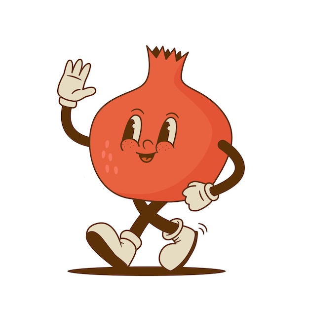 Retro cartoon garnet character in groove style Funny pomegranate mascot Fruit vector illustration