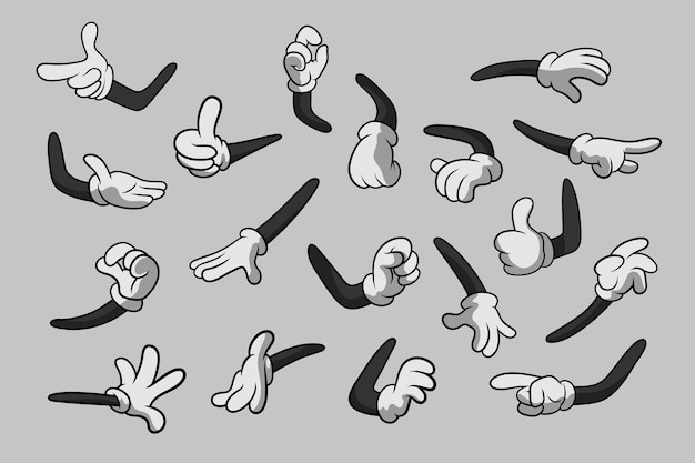 Retro Cartoon Gloved Hands Gestures Cartoon Hands with Gloves Icon Set Isolated Vector Clipart Parts of Body Arms in White Gloves Hand Gesture Collection Design Templates for Graphics