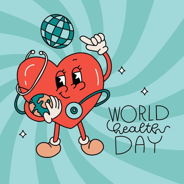 Retro cartoon heart character holding globe and stethoscope world health day greeting card world hea