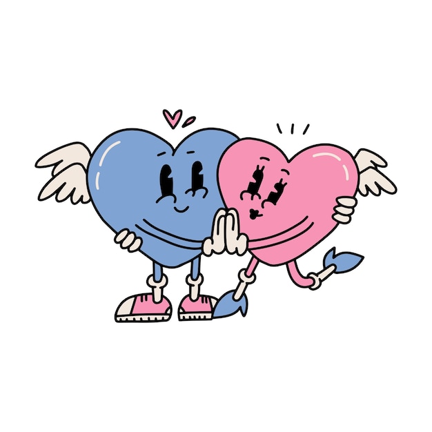 Vector retro cartoon heart characters couple hugging cute love symbols with faces hands and feet february r