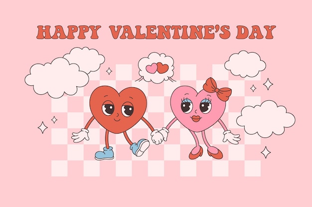 Retro cartoon heart characters, love couple. Groovy, vintage, 70s 60s aesthetics. Valentines Day