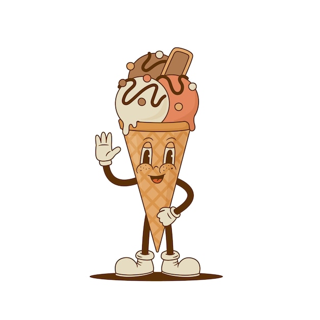 Retro cartoon Ice cream cone character Vintage sweet food mascot Nostalgia 60s 70s 80s