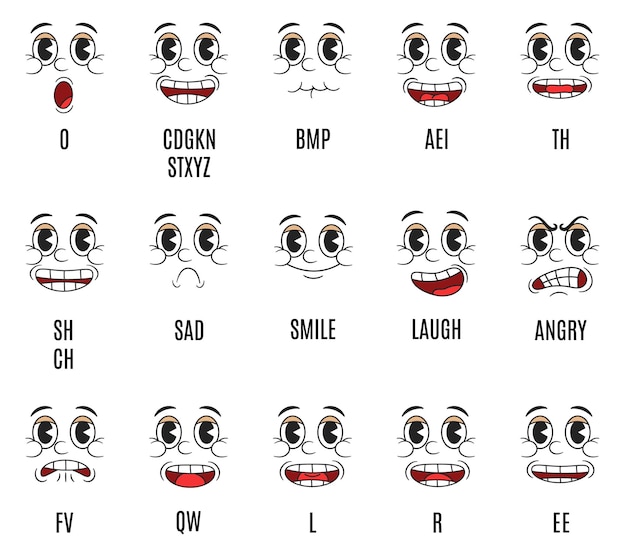 Vector retro cartoon lip sync animation mouth shapes for phonetic sounds and emotions facial expressions lips animation and speech synchronization for alphabet pronunciation vector set