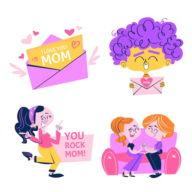 Retro cartoon mothers day stickers collection