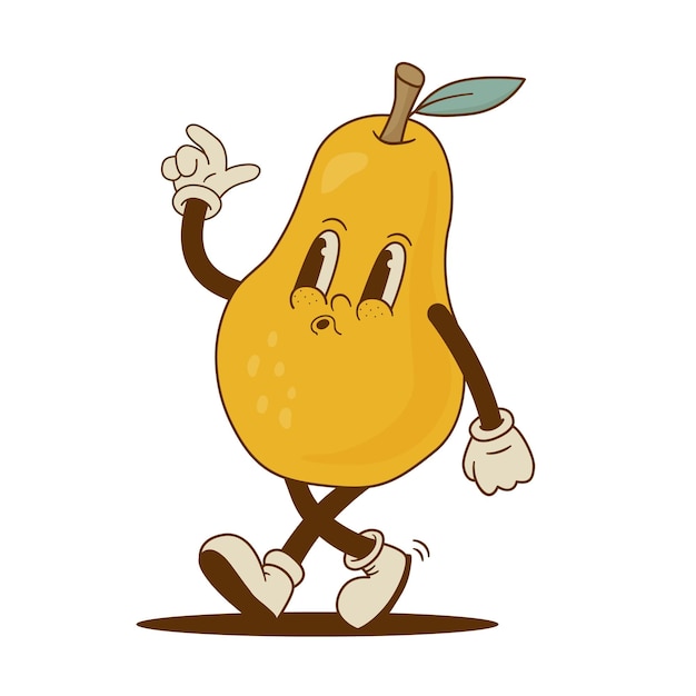 Retro cartoon pear character in groove style Funny fruit mascot vector illustration Nostalgia 70s