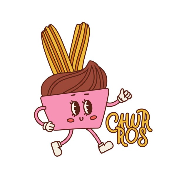 Vector retro cartoon style churros character isolated chocolate dip s sweets character vector contour hand