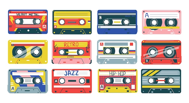 Retro cassette Heavy metal jazz or hiphop music 90s and 80s analog records Oldfashioned audio equipment Collection of stereo tapes Colorful musical devices Vector pop art set