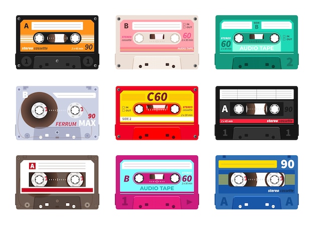 Retro cassettes. Vintage music tape, stereo record set.