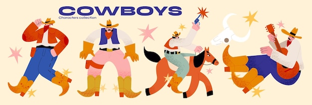 Retro characters cowboys 90s Cartoon vintage style groovy illustration of wild west ranch horse