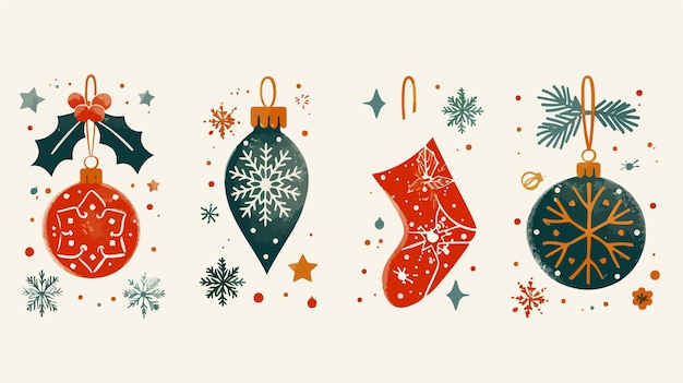 Retro Christmas Background with Four Icons Flat Vector Illustration