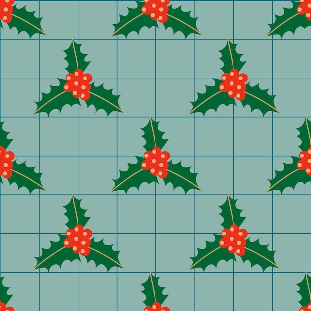 Retro Christmas seamless background with holly leaves and berries