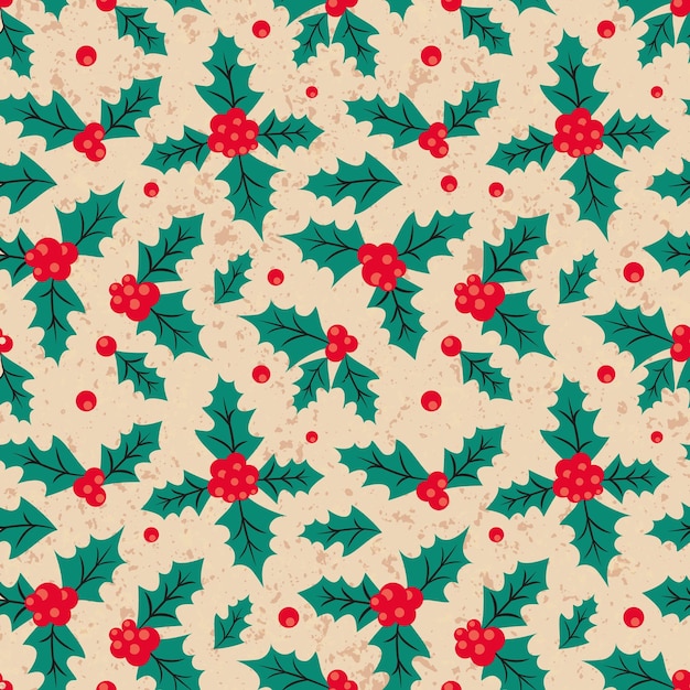 Retro Christmas seamless background with holly leaves and berries