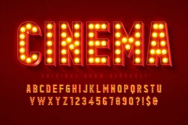 Retro cinema alphabet design, cabaret, LED lamps letters and numbers.