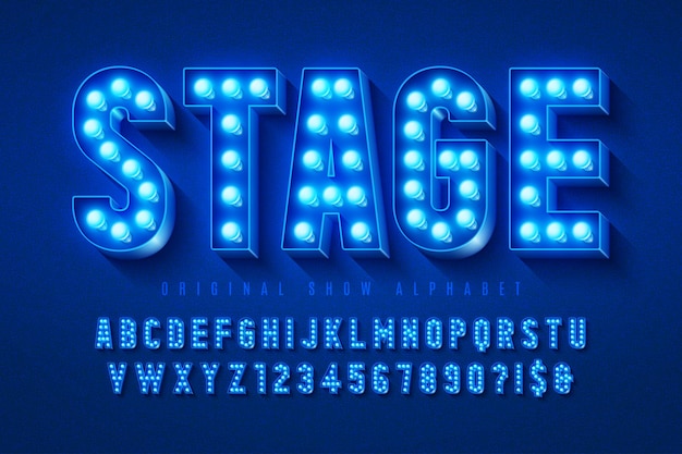 Retro cinema alphabet design, cabaret, LED lamps letters and numbers.