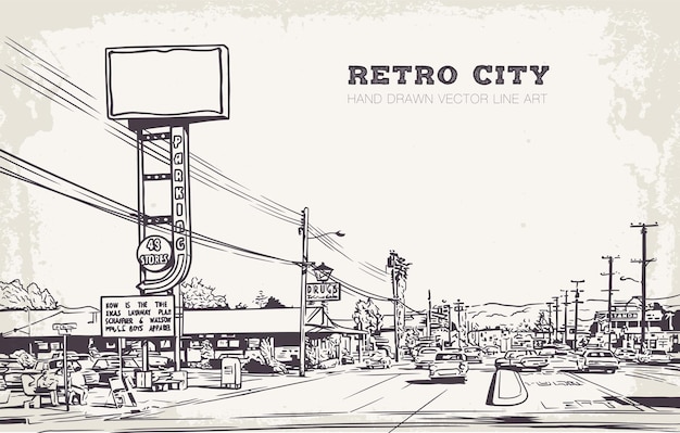 Retro city hand drawn vector line art illustration