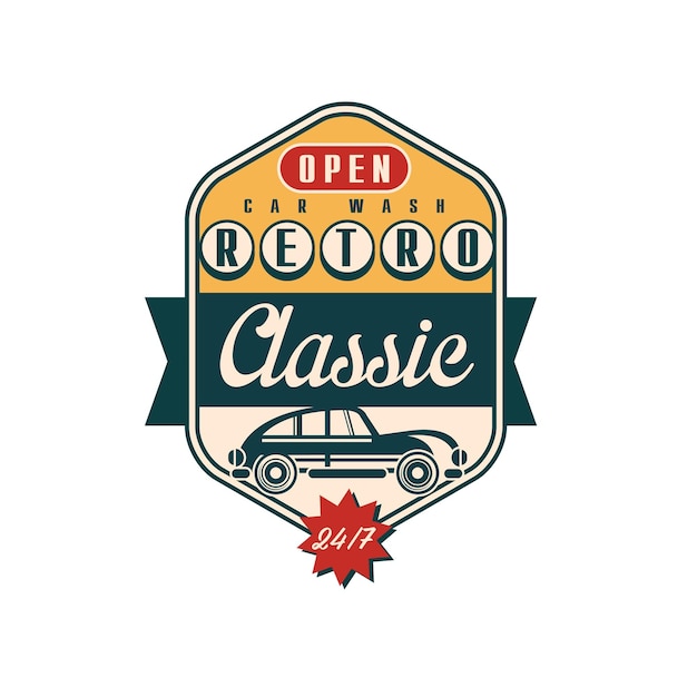 Retro classic car wash logo open 24 7 auto service badge retro vintage label vector Illustration isolated on a white background