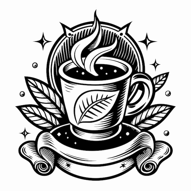 Retro Coffee Cup with Leaf Design and Scroll in Vintage Black and White Illustration