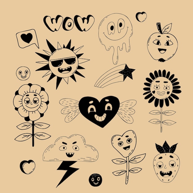 Retro collection groovy elements Funny cartoon characters with faces Vector hippy clipart