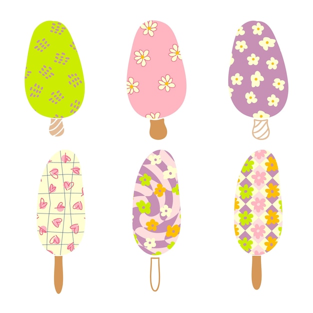 Retro collection six textured popsicle ice creams in 1960s style Sweet food summer set for Tshirt stickers and posters Hand drawn vector background for decor and design