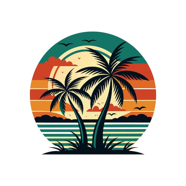 Retro color sea beach with palm tree design