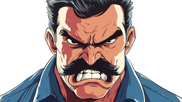 Vector retro comic book style cartoon angry man with mustache