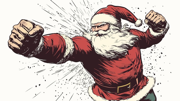 Retro Comic Book Style Cartoon Santa Claus Punching