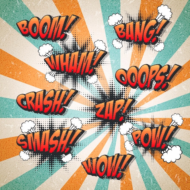 Retro comic sound effects set over attractive striped background