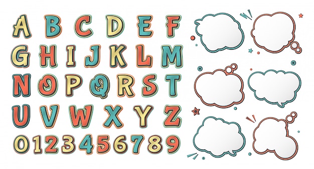 Retro comics font. Cartoonish alphabet and set of speech bubbles