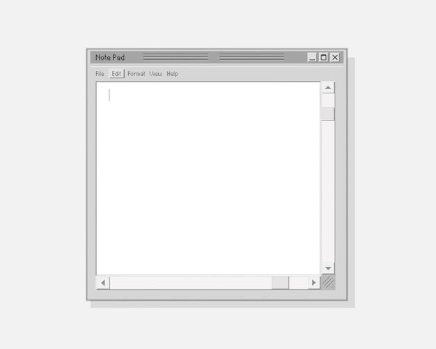 Retro computer notepad. Web notebook for notes text blank screen with scroll cursors user friendly old interface informational vector notes and graphic drawing.