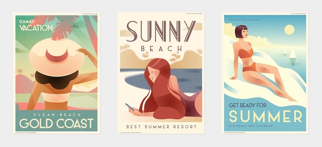 Retro Design Summer Holiday and Summer Camp poster Girl relaxing on the beach Vector