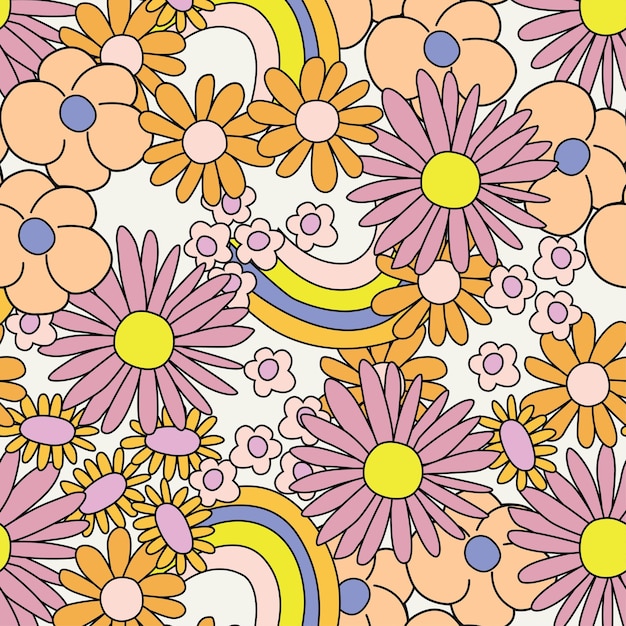 RETRO DOODLE FLORAL WITH RAINBOW SEAMLESS PATTERN VECTOR