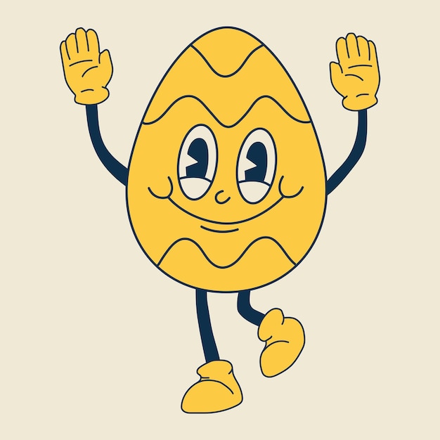 Retro easter egg mascot. Cute character in trendy retro 60s 70s cartoon style. Vector hand drawn