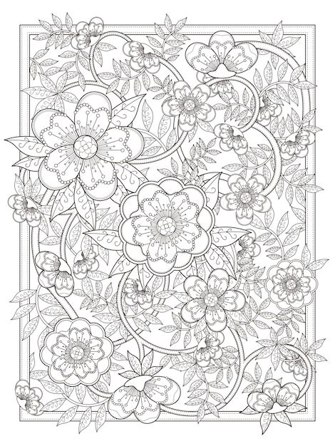 Retro and elegant floral coloring page in exquisite line