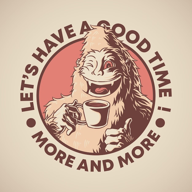 Retro emblem of cartoon bigfoot holding a coffee cup