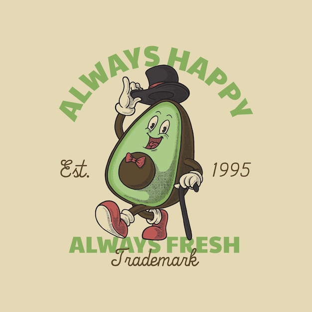 retro emblem cartoon of happy gentlemen avocado