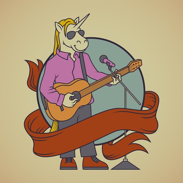 Retro emblem of cartoon unicorn horse playing an acoustic guitar