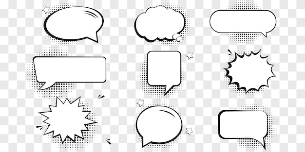 Retro empty comic speech bubbles set with black halftone shadows Vintage design pop art style