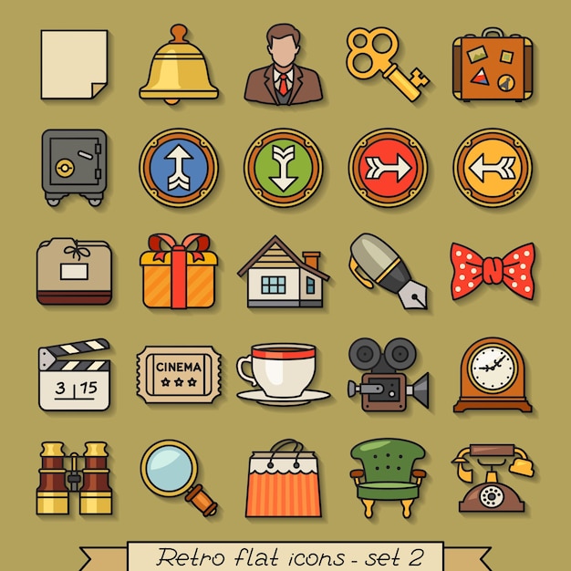 Retro flat line icons  set 2