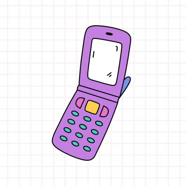 Retro flip phone in bright colors Hand drawn doodle illustration 90s style Nostalgia