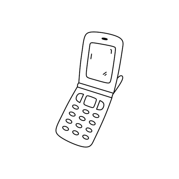 Retro flip phone isolated on white background Old fashioned mobile phone in doodle style