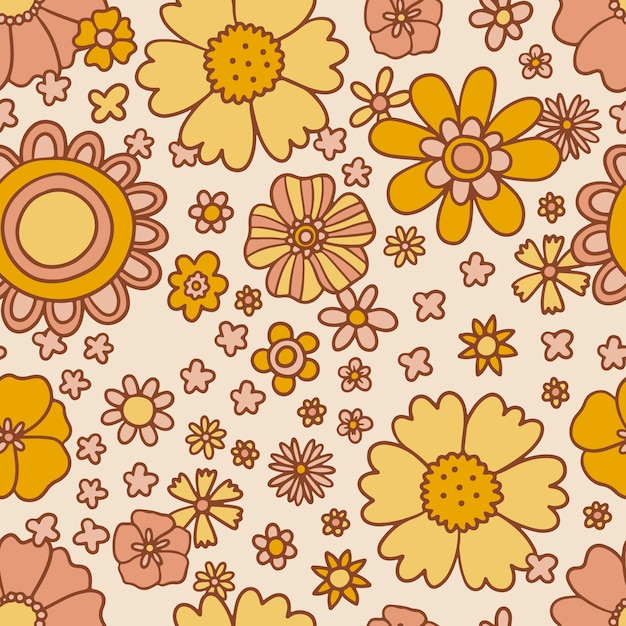 Retro floral groovy vector seamless pattern surface design, textile, stationery, wrapping paper